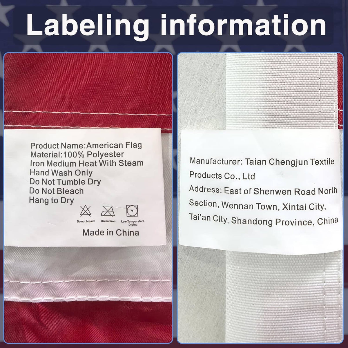 US flag care label and manufacturer label on white fabric tag.