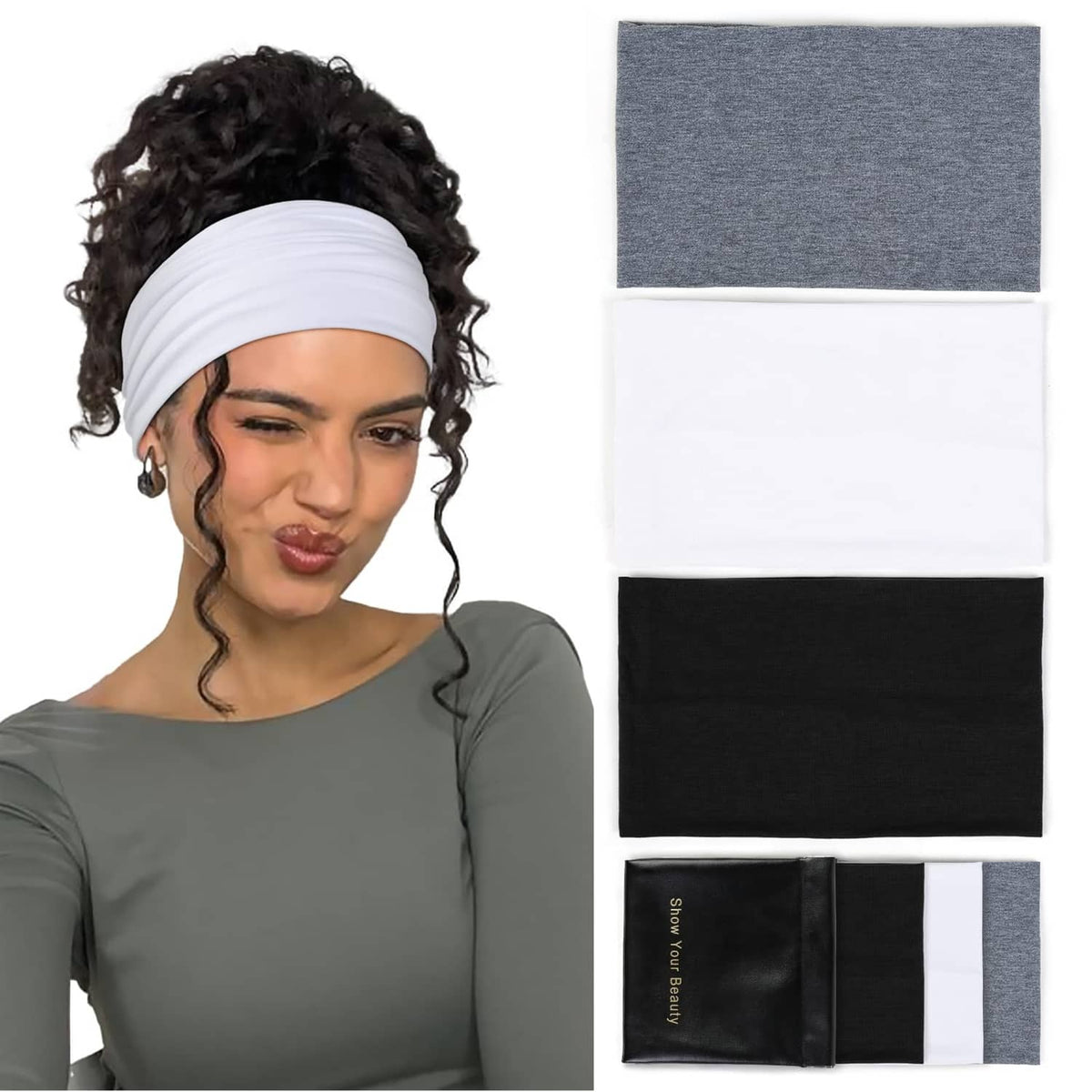 Wide elastic headband set with black, white, and light gray headbands (3-pack).
