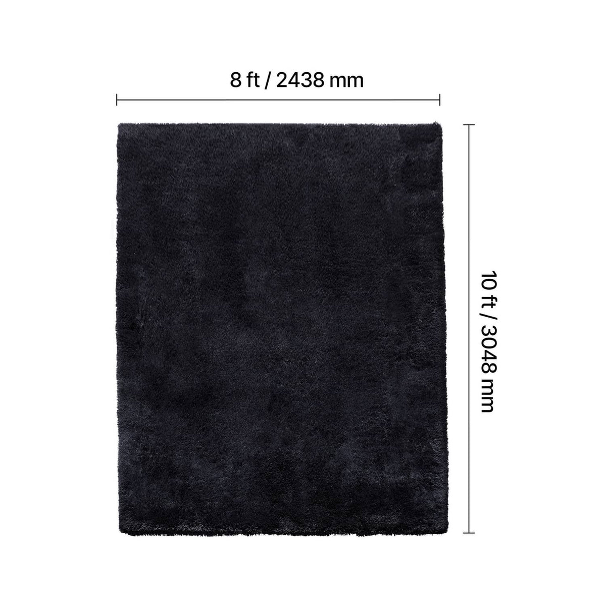 Black square plush area rug with measurements shown on white background