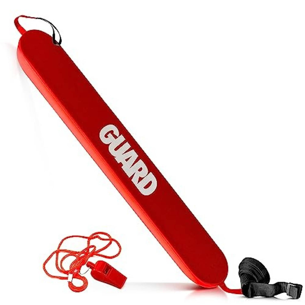 Red rescue tube with GUARD lettering, grab loop, and black tow strap