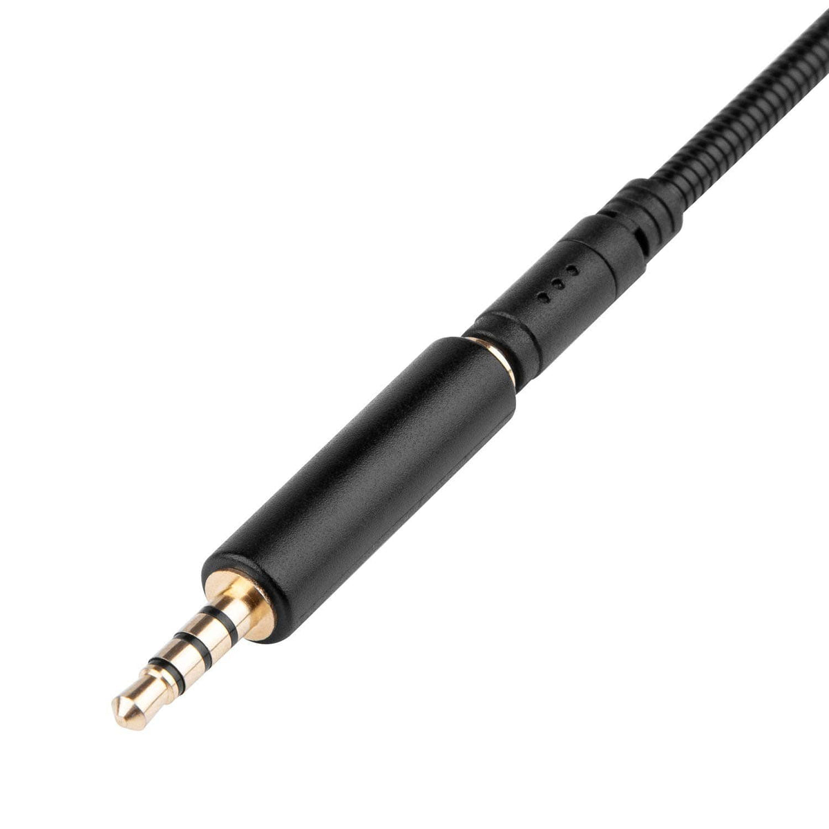 Black 3.5mm headphone plug with metal tips and inline microphone connector