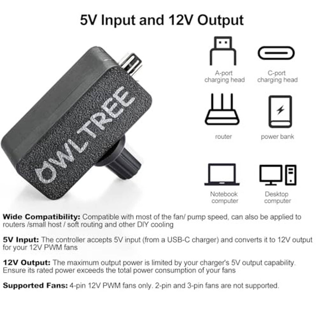 OWLTREE PWM fan controller with USB-C port, 5V input and 12V output