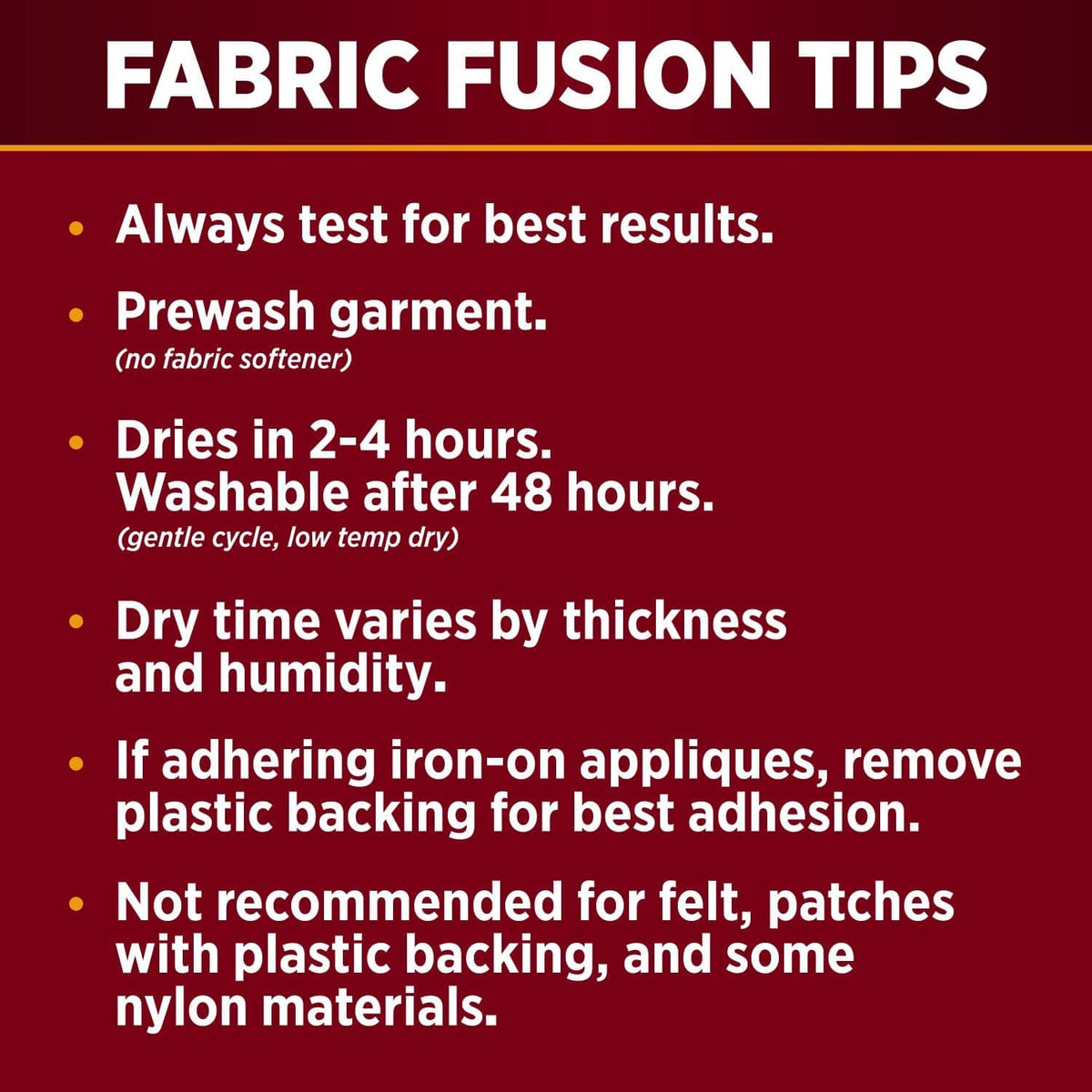Fabric Fusion tips panel with prewash and drying time instructions.