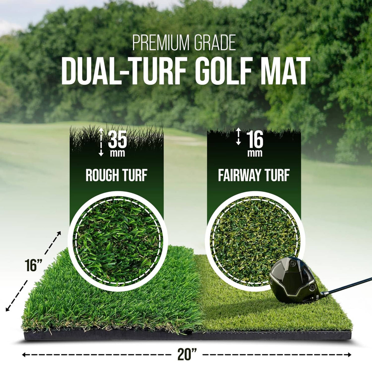 Dual-turf golf mat with rough and fairway turf sections on a green base