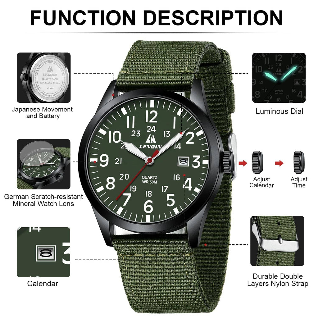 RivetOak LN LENQIN Mens Watches Military Sport Analog A9-LN-0550-Green Black Green Red