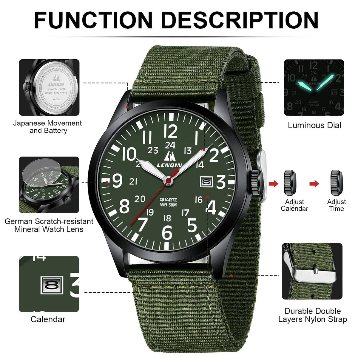 RivetOak LN LENQIN Mens Watches Military Sport Analog A9-LN-0550-Green Black Green Red