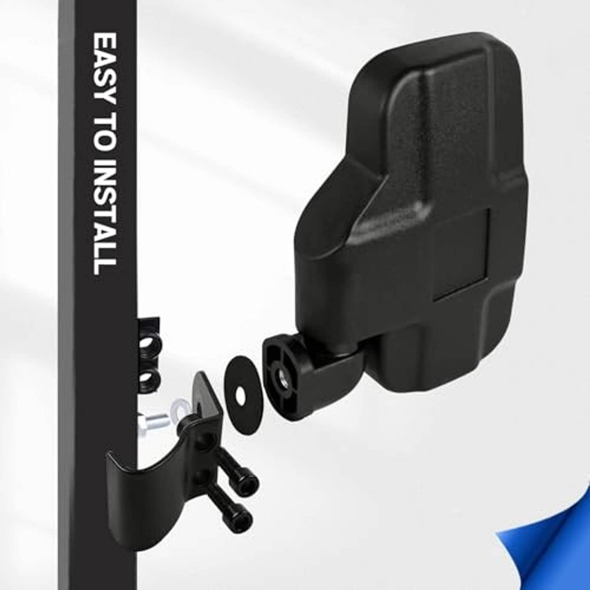 UTV rear side mirror mounting bracket and base, shown with black fasteners