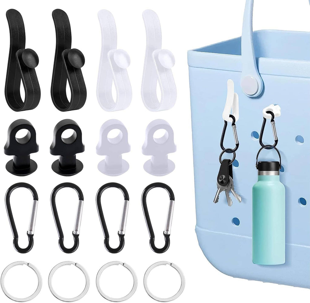 Set of 12 black and white bag hooks with carabiner key holders and key rings
