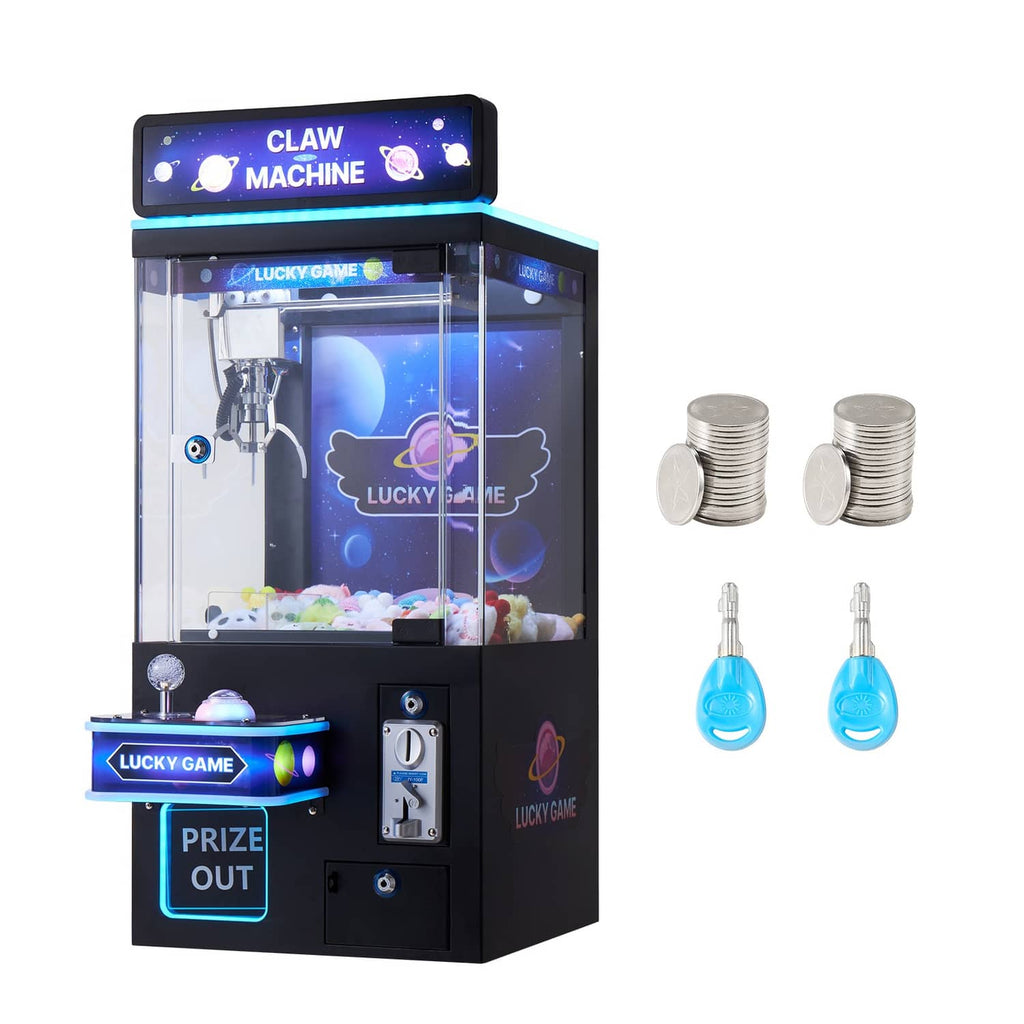 Claw crane machine with clear chamber and included game coins and token dispensers
