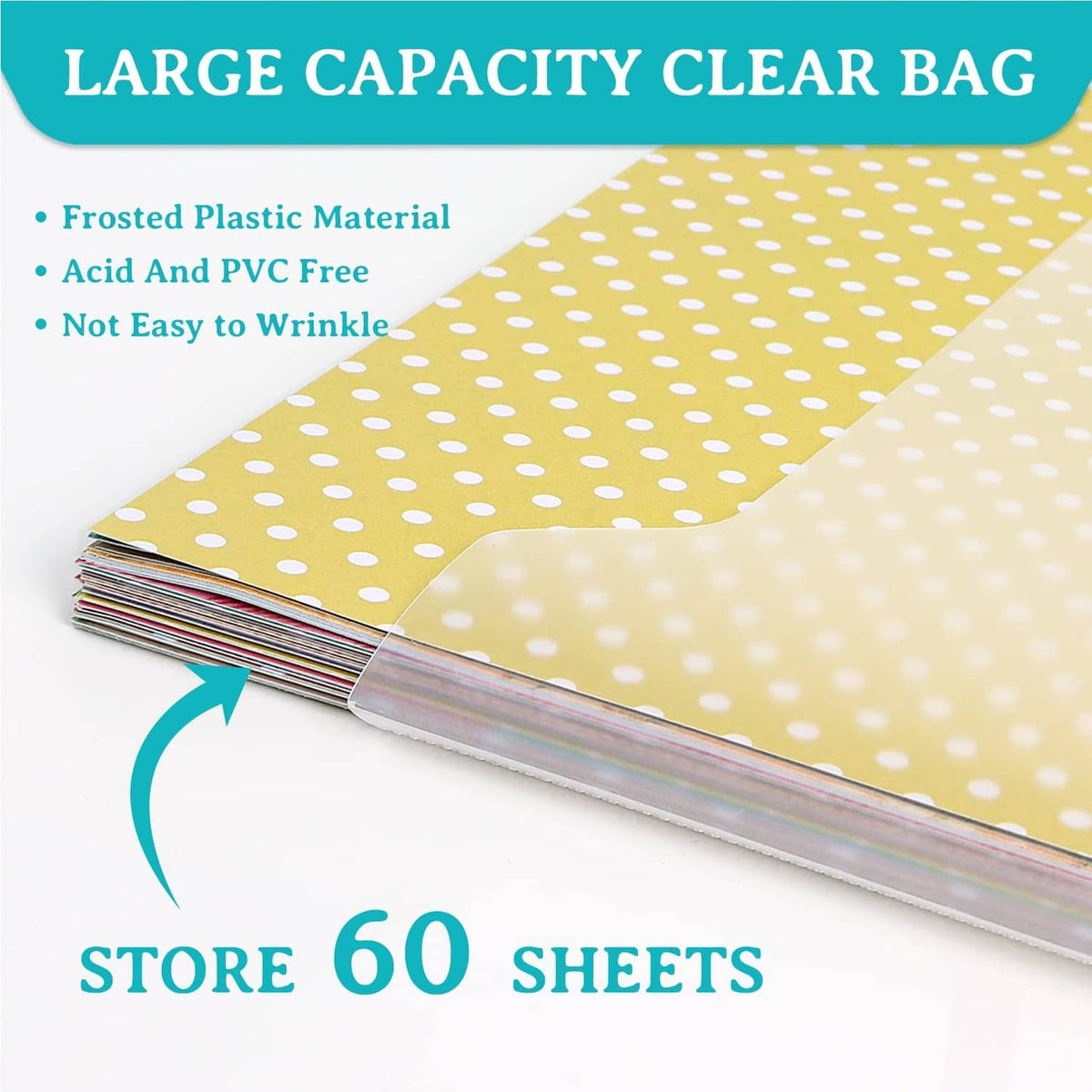 Frosted clear plastic storage bag holding stacked scrapbook papers, with colored tab strip