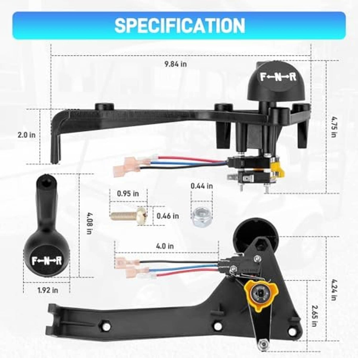Dimensioned forward-neutral-reverse shifter assembly diagram with handle and bracket