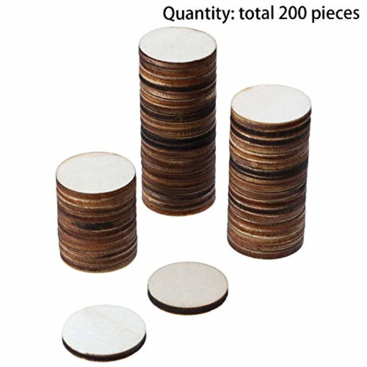Unfinished round wood craft discs stacked in columns, natural brown sides with light faces