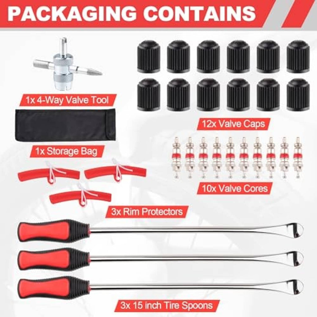 Tire spoons, valve caps, valve cores, 4-way valve tool, and storage bag set