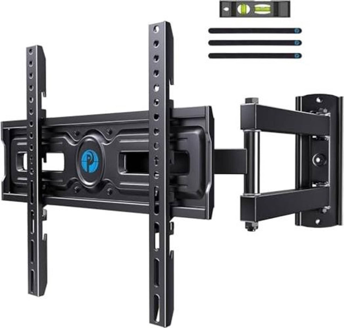 Black full-motion TV wall mount with extended arms and wall bracket mount