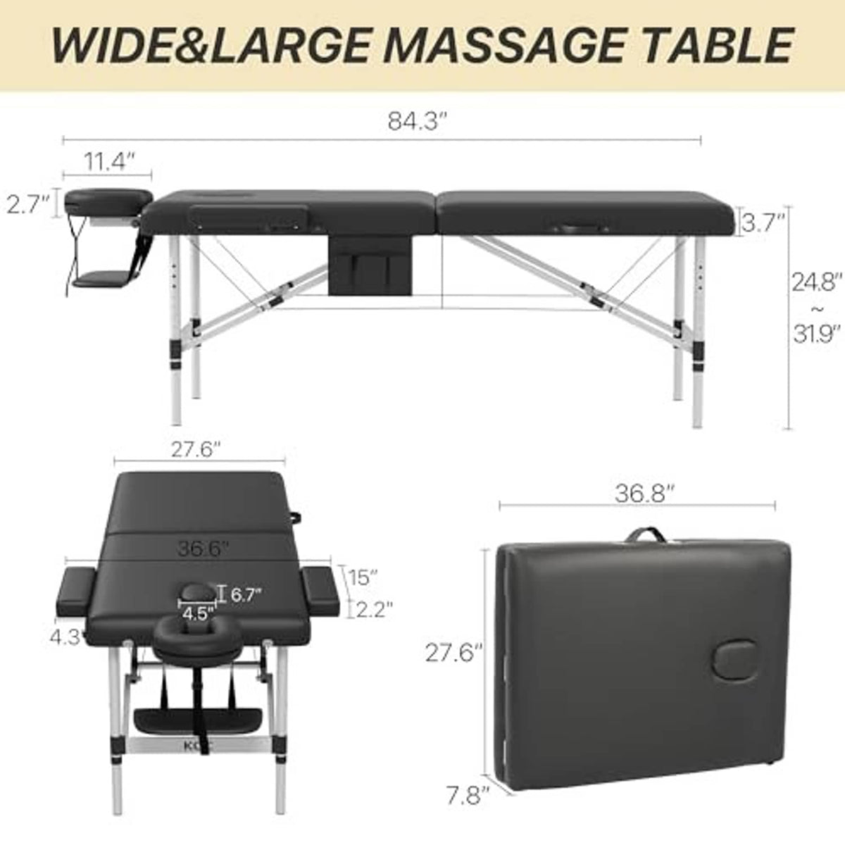 Massage table with dimensions showing black padded headrest, armrest, and base