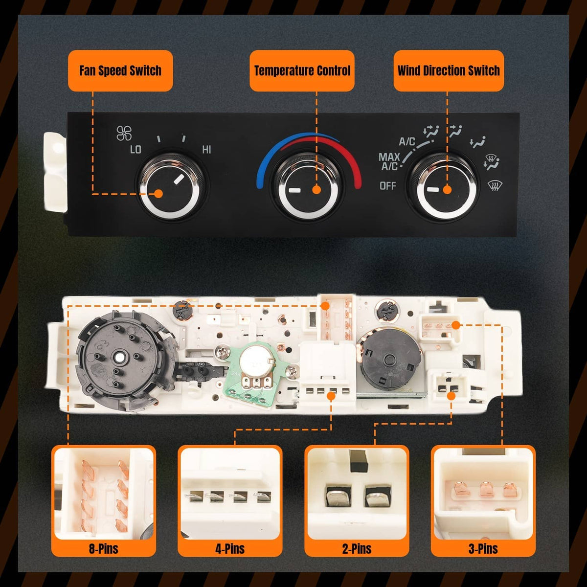 A/C heater control climate panel with labeled fan, temperature, and vent direction controls