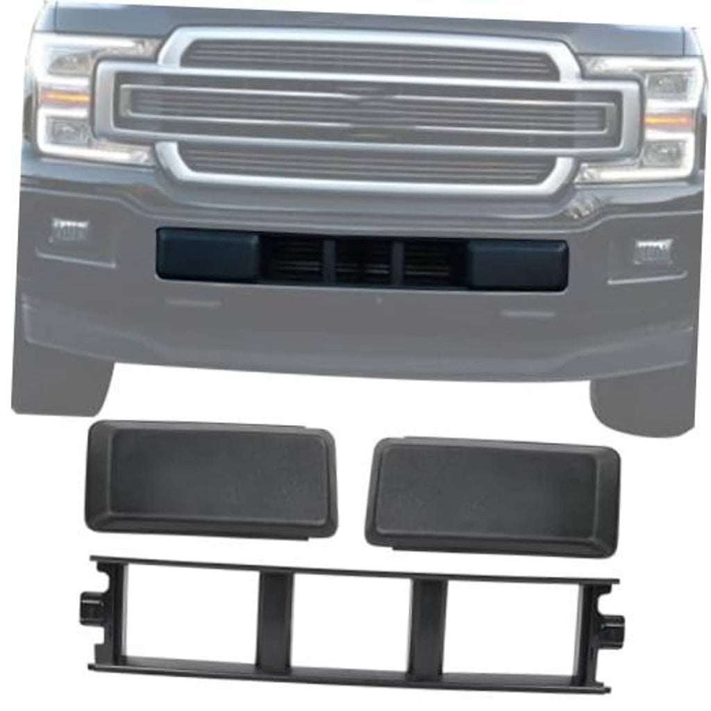 Front bumper lower grille trim panel set with two dark rectangular end covers