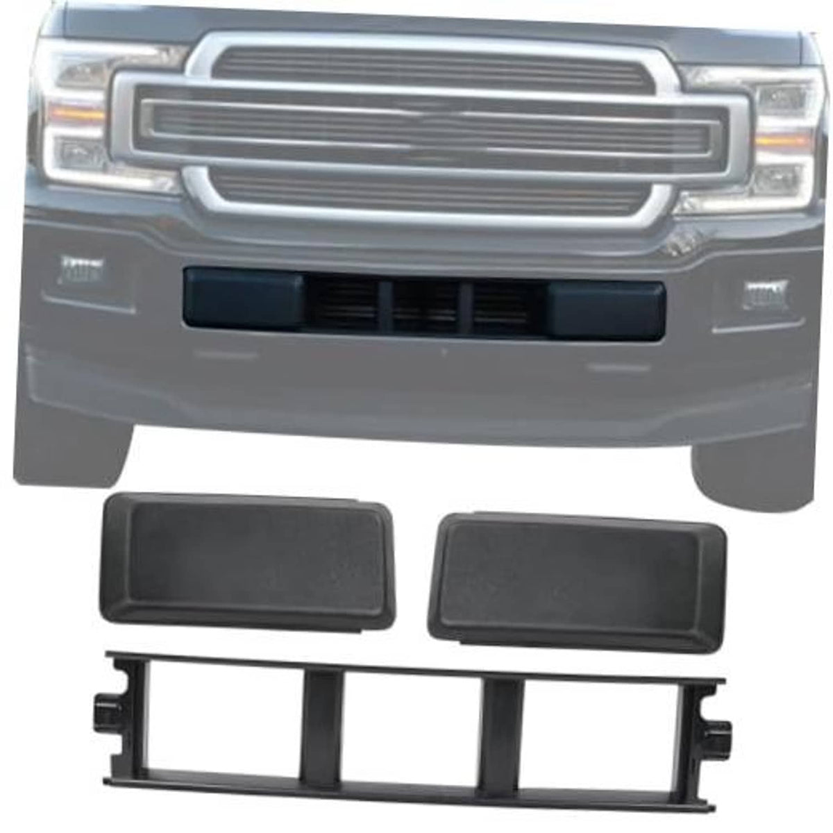 Front bumper lower grille trim panel set with two dark rectangular end covers