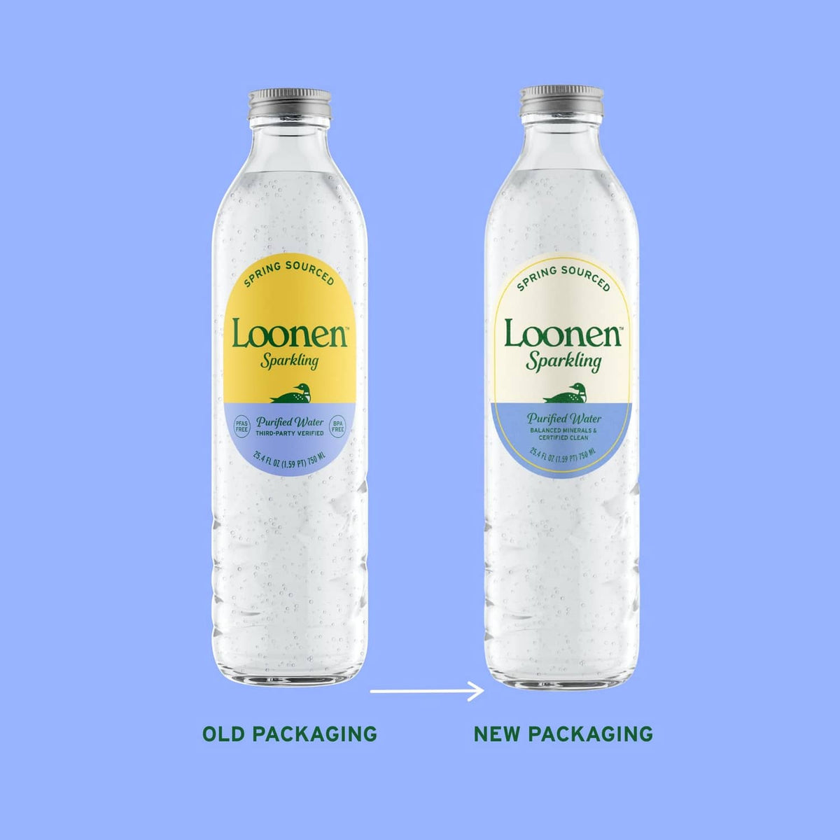 Loonen sparkling water glass bottles, old and new packaging shown