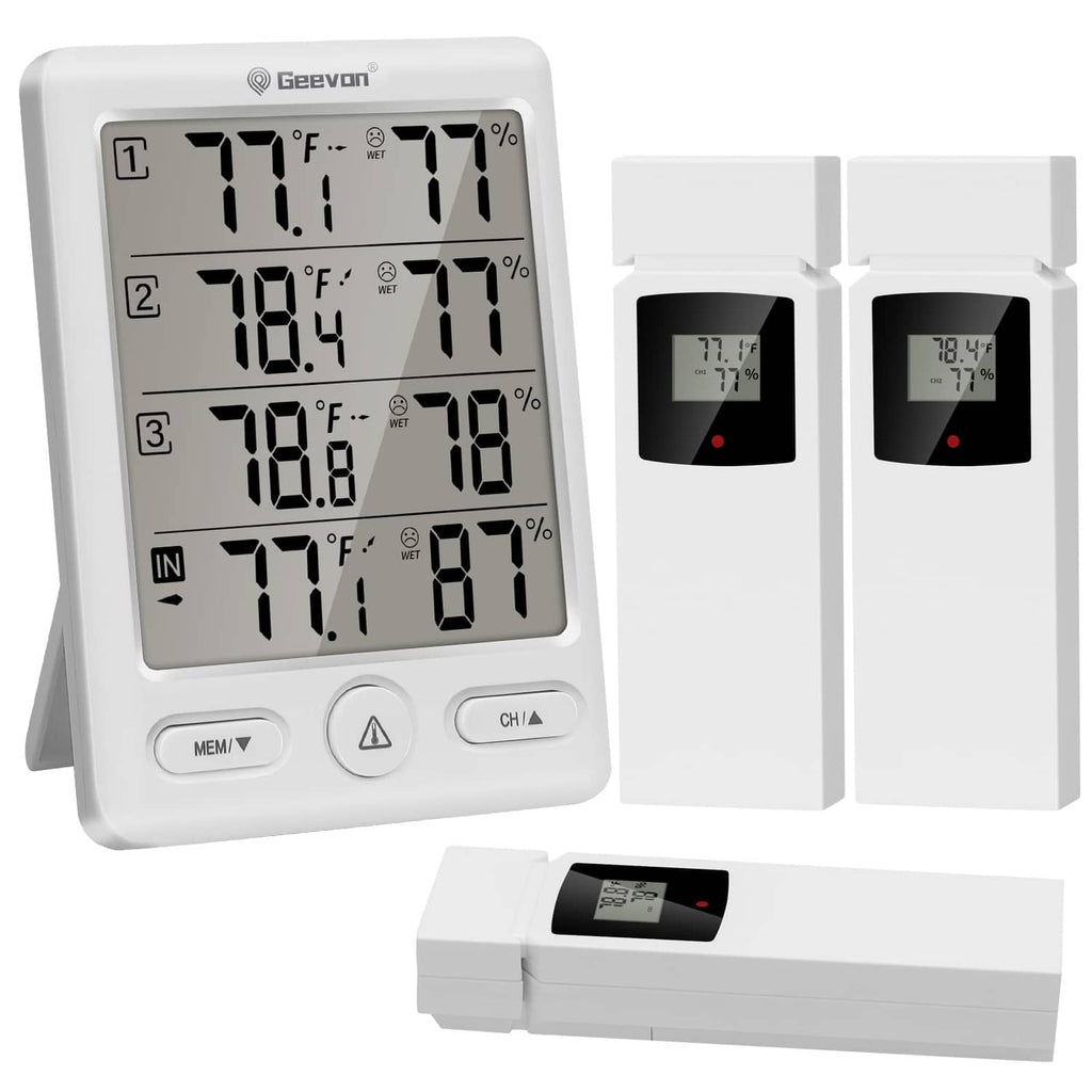 Wireless thermometer base with LCD plus multiple white remote sensor units