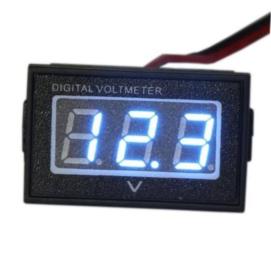 Digital voltmeter with blue LED LCD display and V symbol on a black case