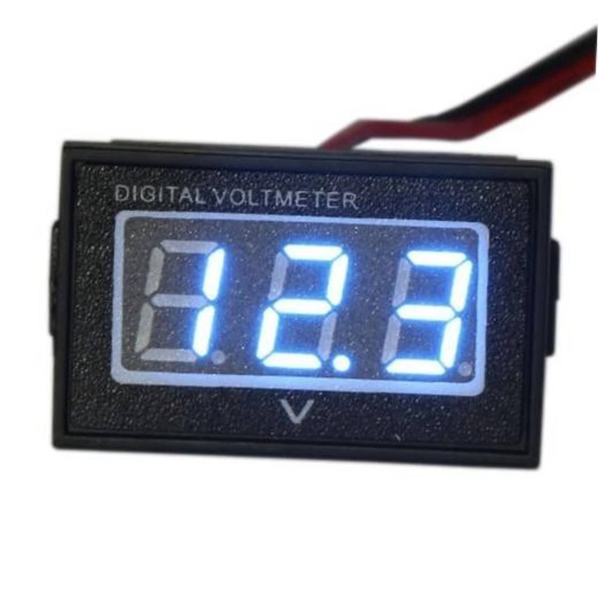 Digital voltmeter with blue LED LCD display and V symbol on a black case