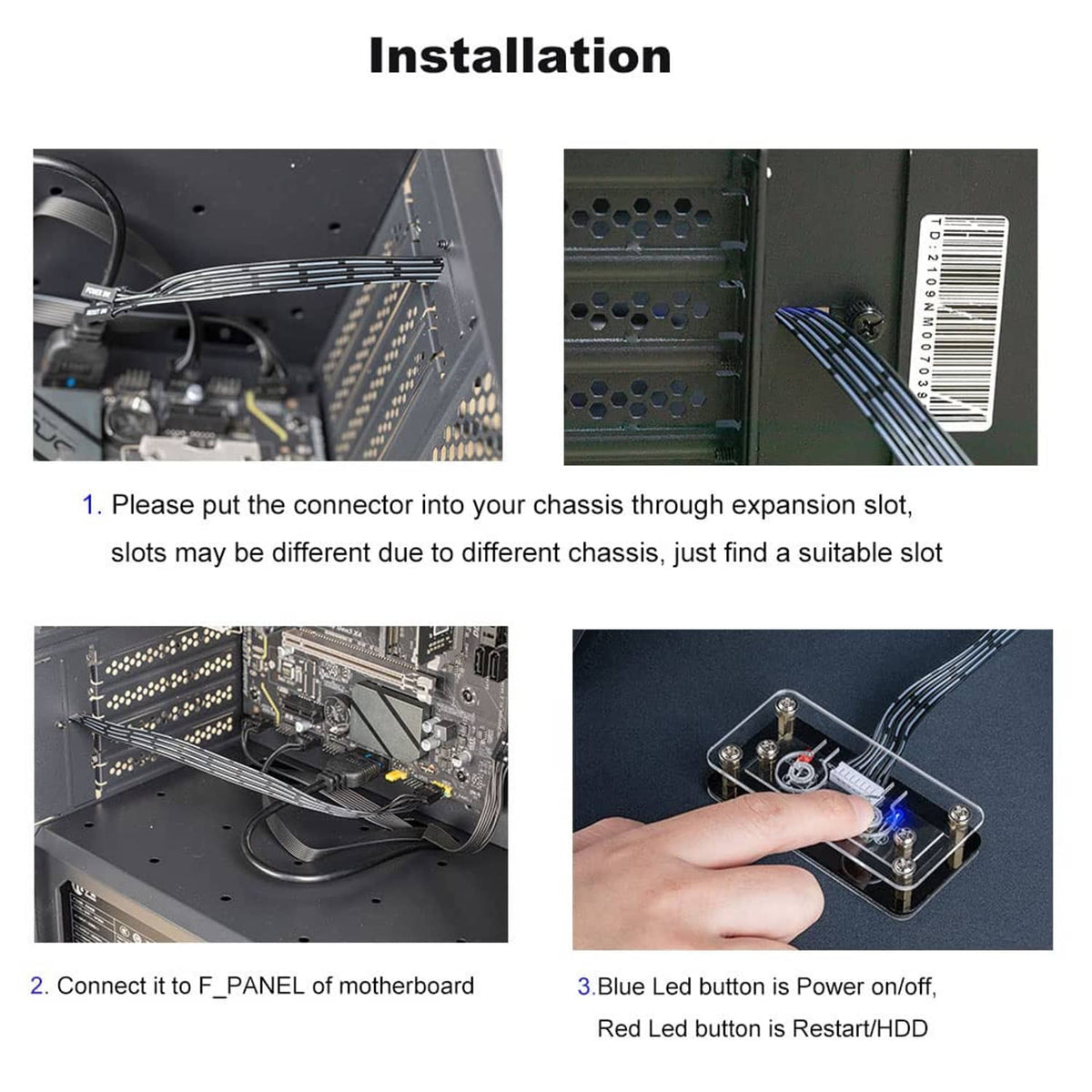 Installation instructions for connecting the PC front power switch to a motherboard header.