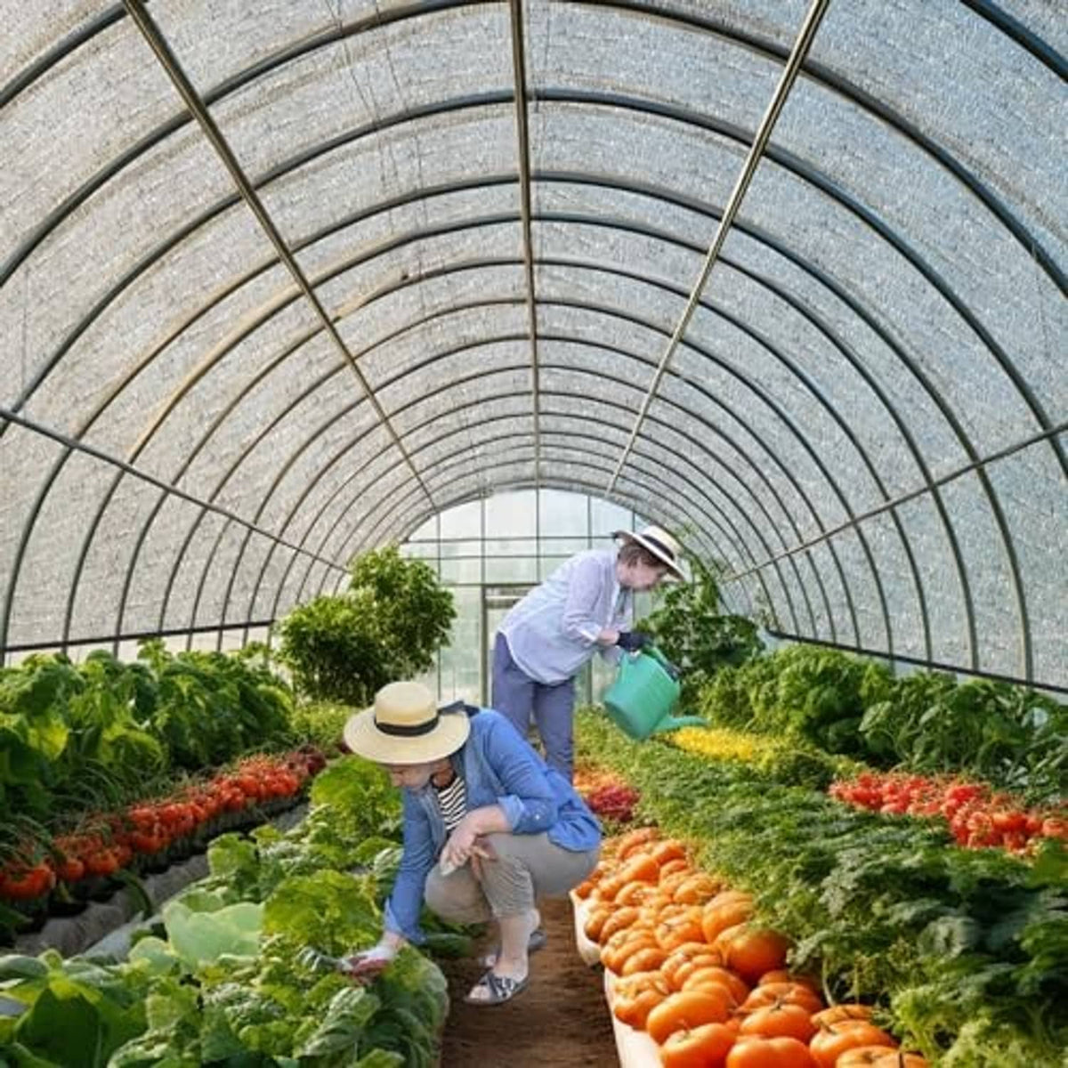 Gray shade mesh greenhouse roof tunnel with metal ribs over garden beds
