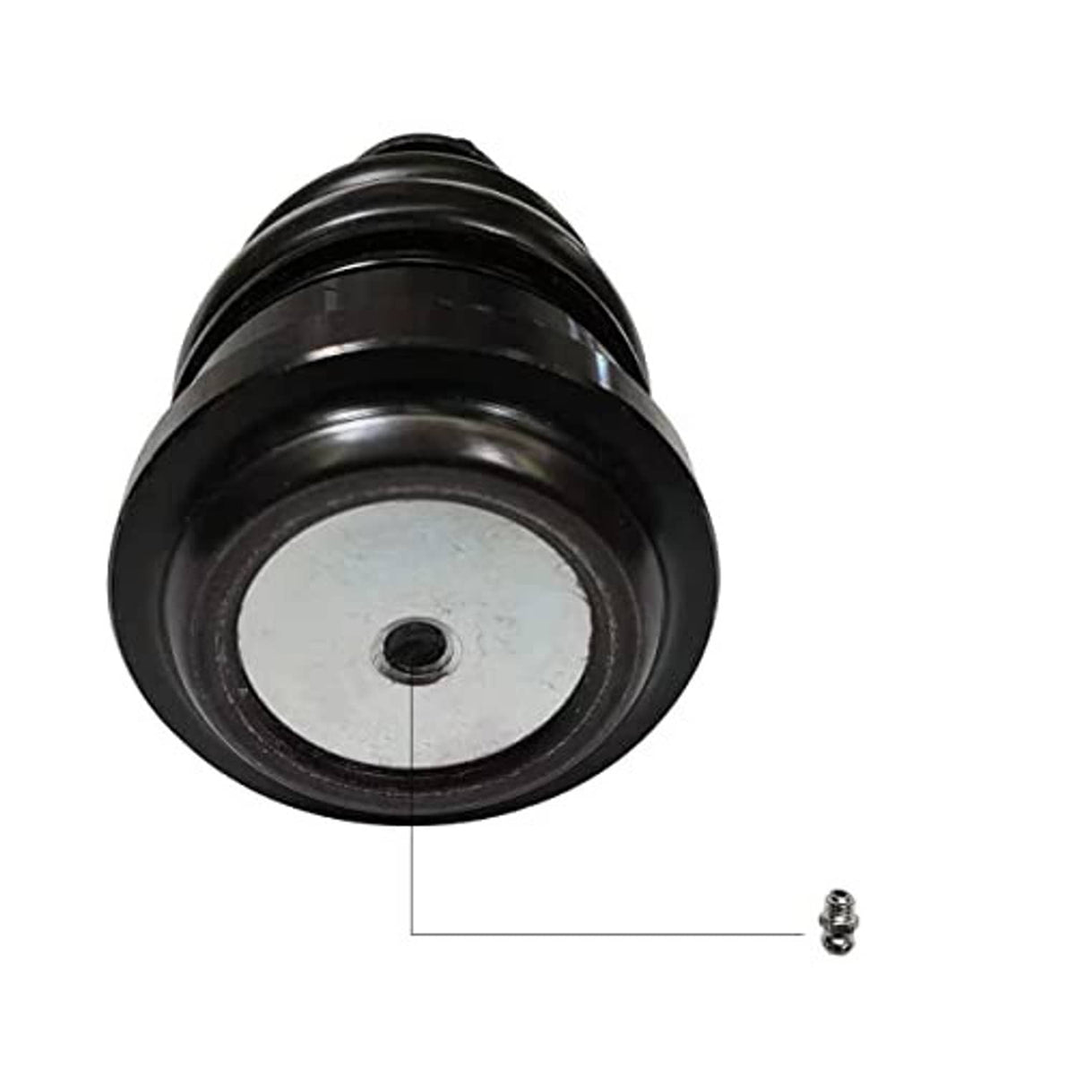 Front upper ball joint with black housing and round metal mounting plate