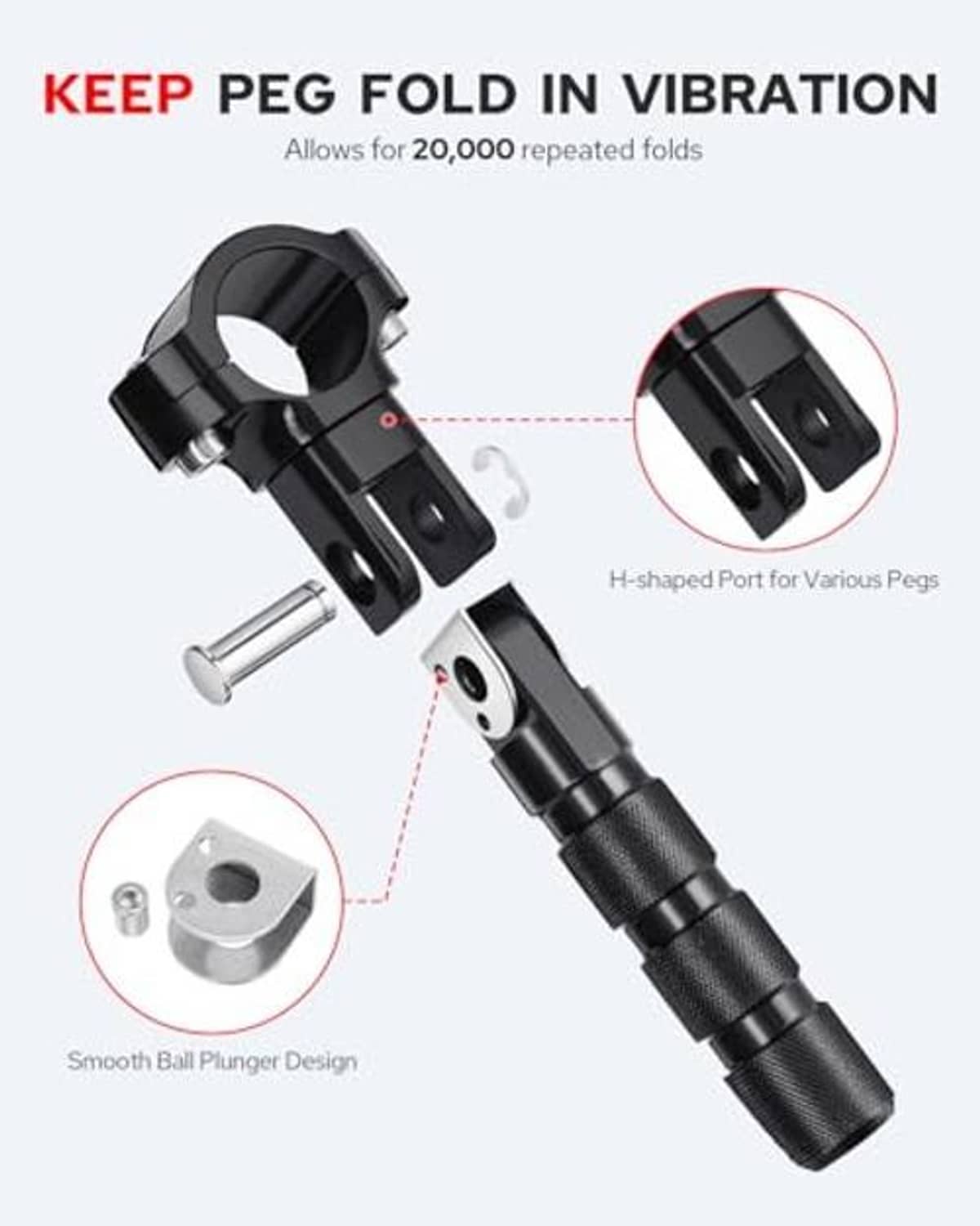 Black folding motorcycle foot pegs with pivot and smooth ball plunger retention.