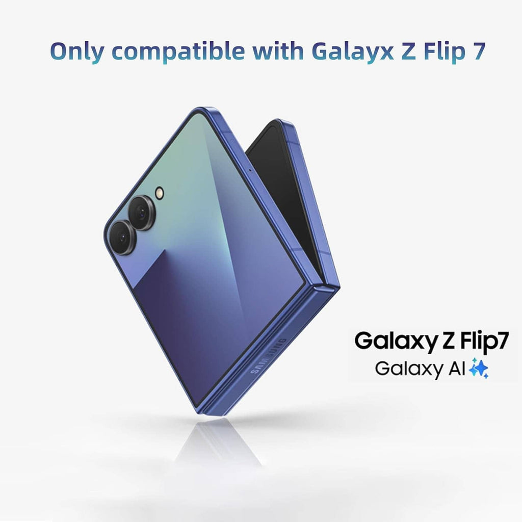 Clear case with screen protector for Galaxy Z Flip7, folded blue phone, camera cutouts