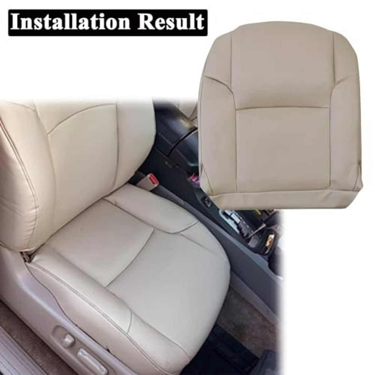 Taupe front driver-side bottom seat cover installed on car seat, padded look