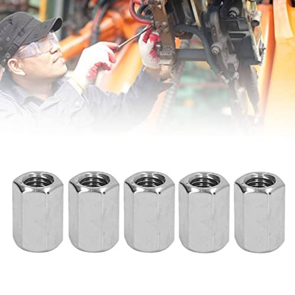Set of five stainless hex coupling nuts, shiny silver, hex exterior with threaded holes