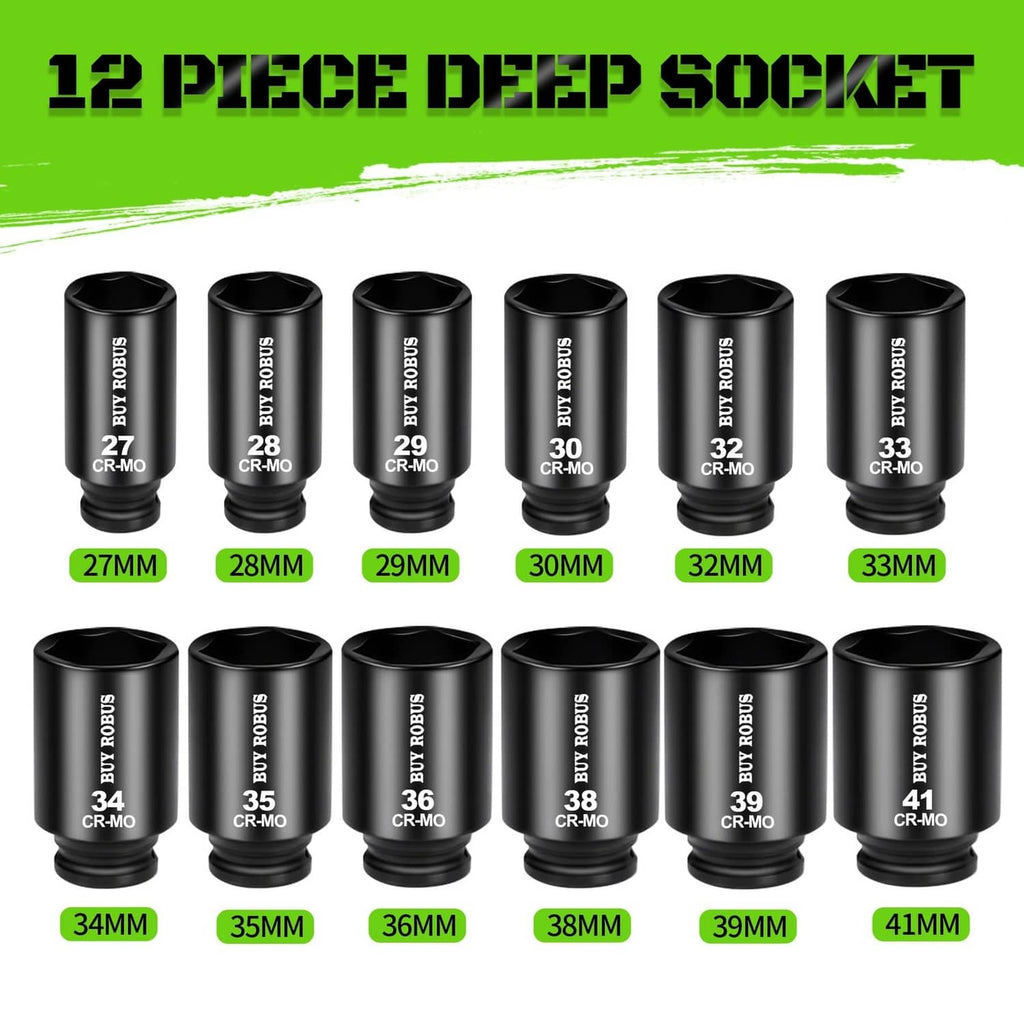 Set of 12 black deep impact sockets, sizes 27–41 mm, for 1/2 in drive.