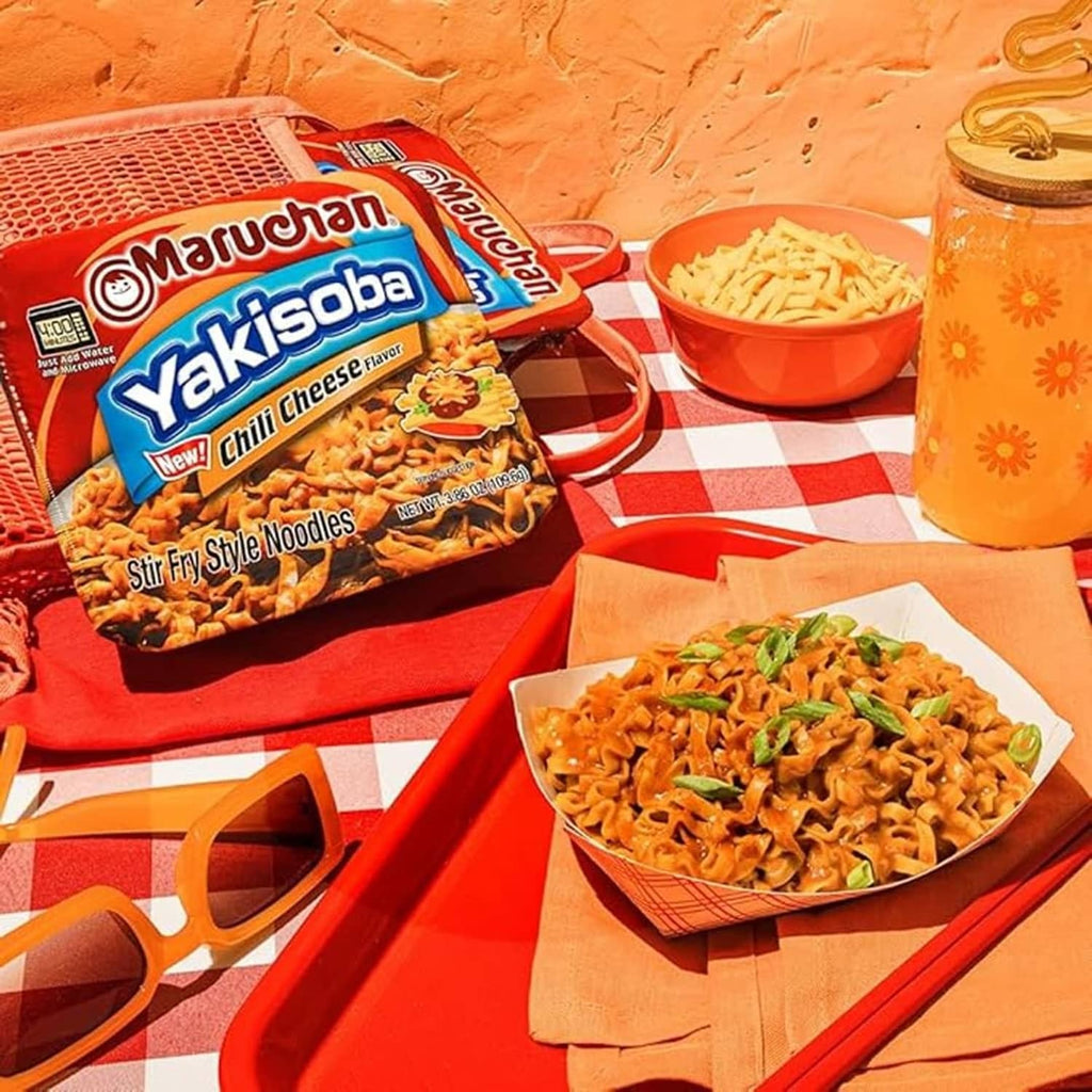Maruchan Yakisoba chili cheese instant ramen packages with prepared noodles