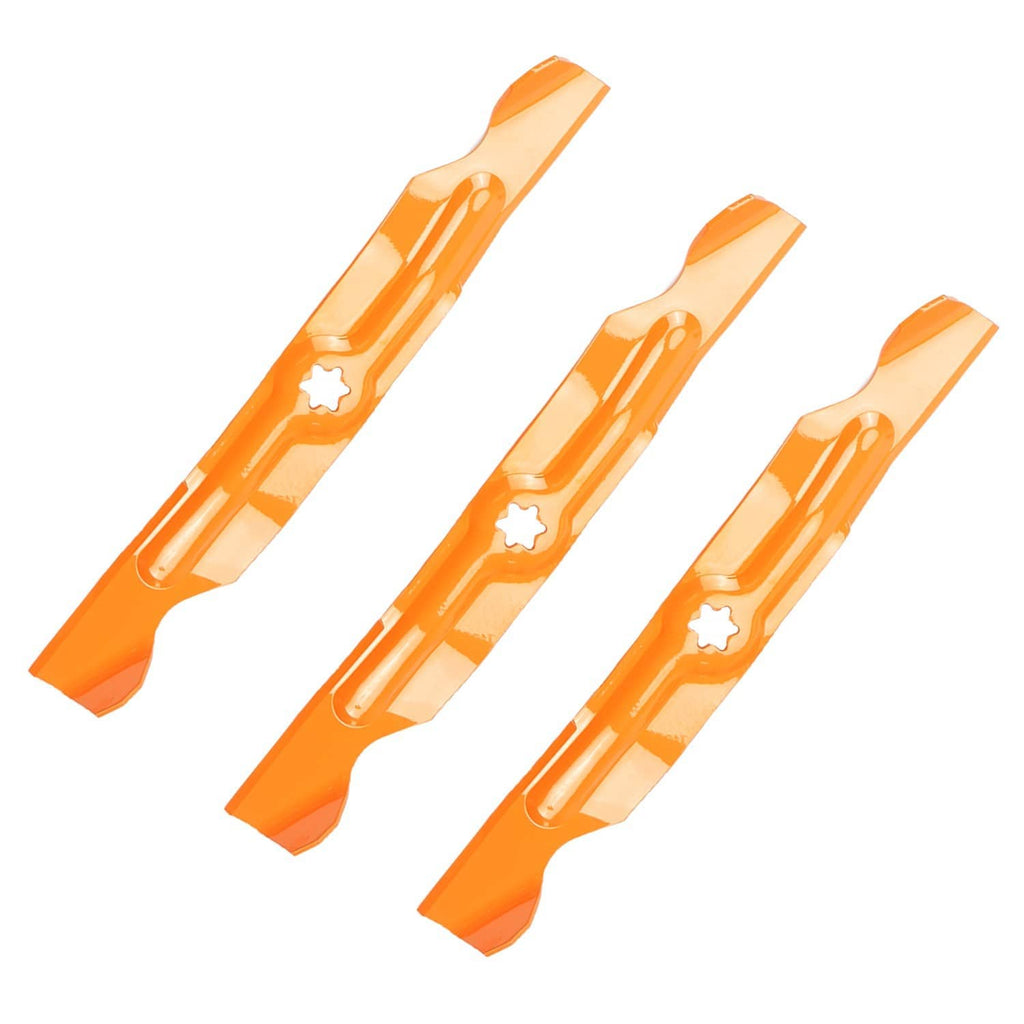 Set of four orange mower blade attachments with star-shaped holes