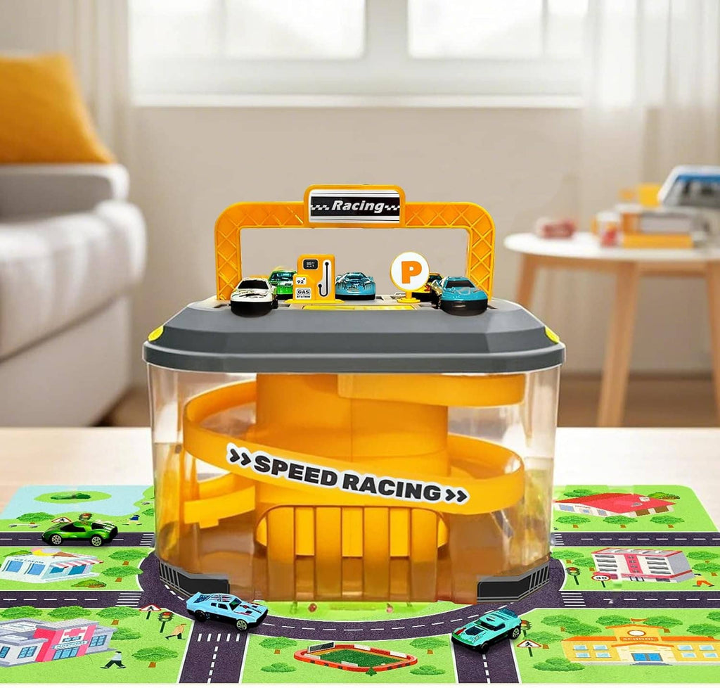Orange car track storage playset with clear dome and toy cars on printed play mat