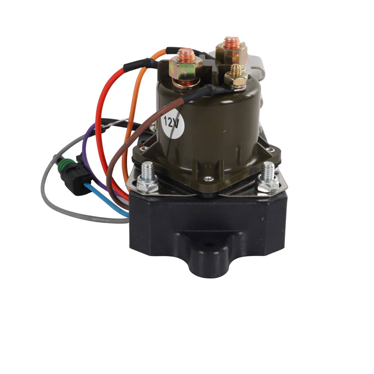 Glow plug relay controller with dark housing, copper terminals, and colored wire connections