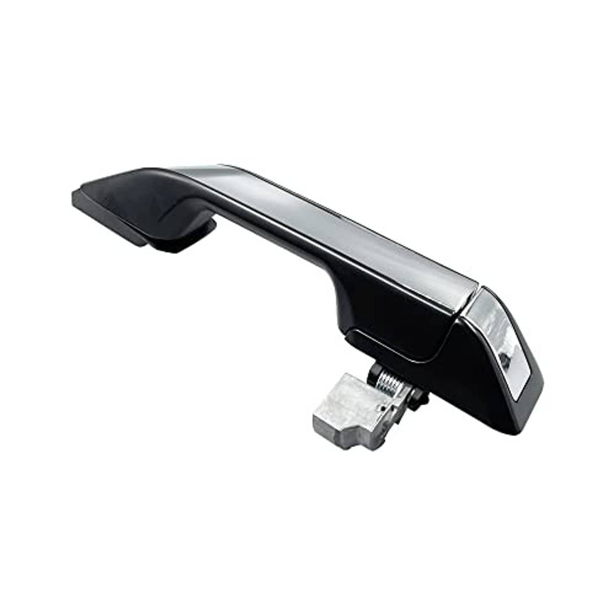 Angled exterior door handle with chrome trim and black grip, metal mounting bracket
