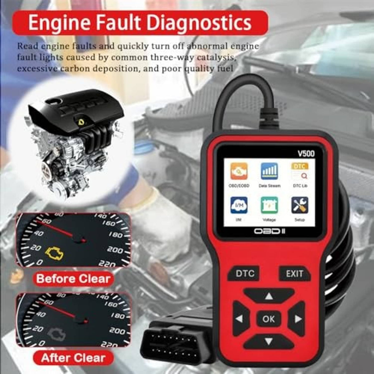 Red OBD2 scanner with screen and DTC/Exit controls, connected cable