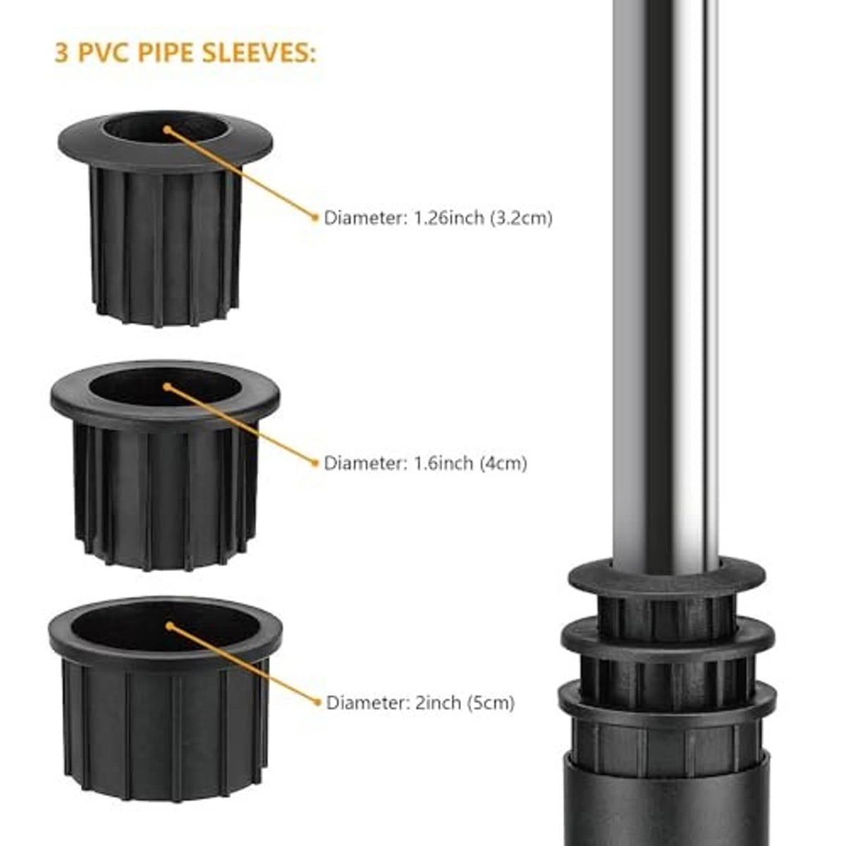 Black PVC pipe sleeve inserts for umbrella mount, with base ring and top opening