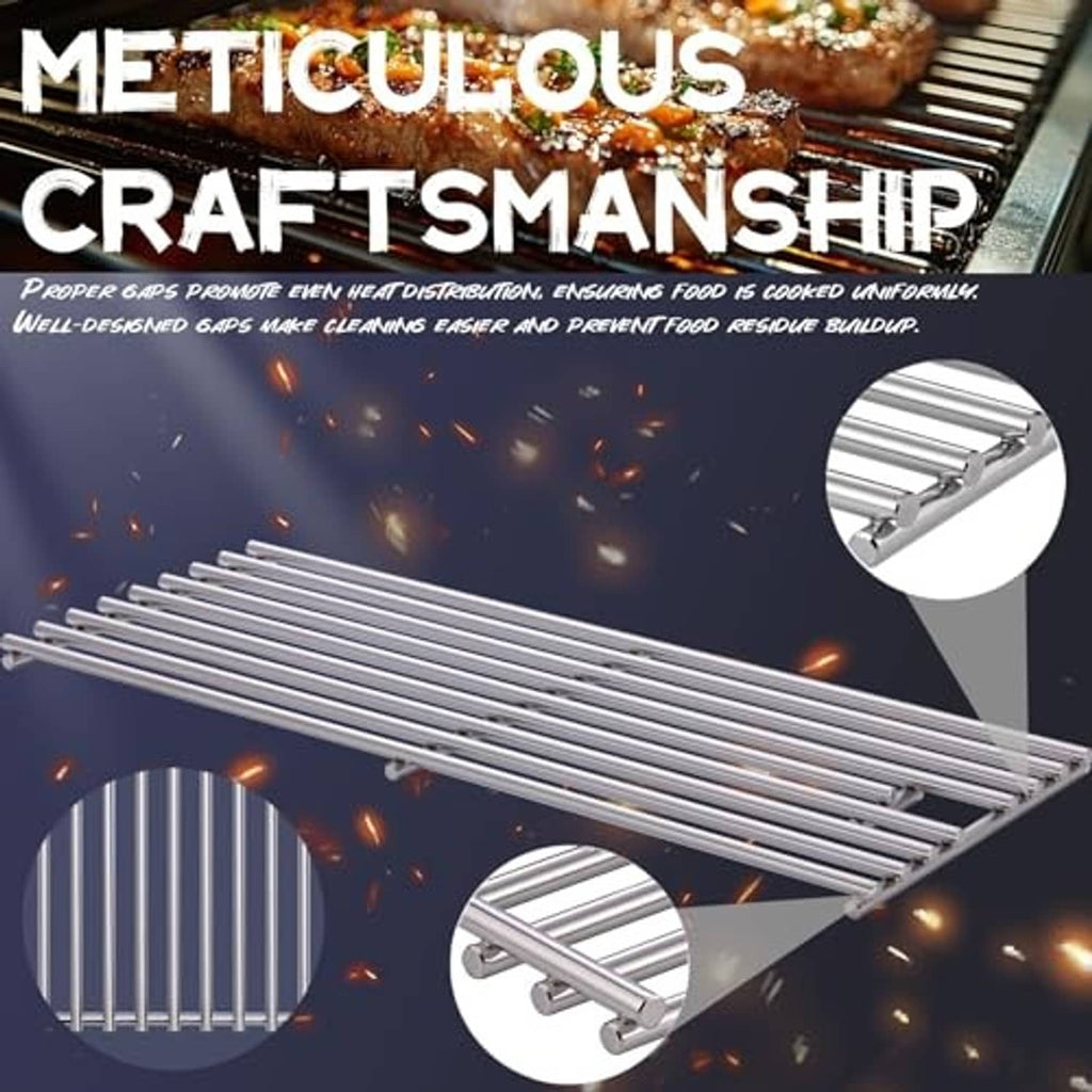 Stainless steel BBQ grill grate with close-up rod alignment detail