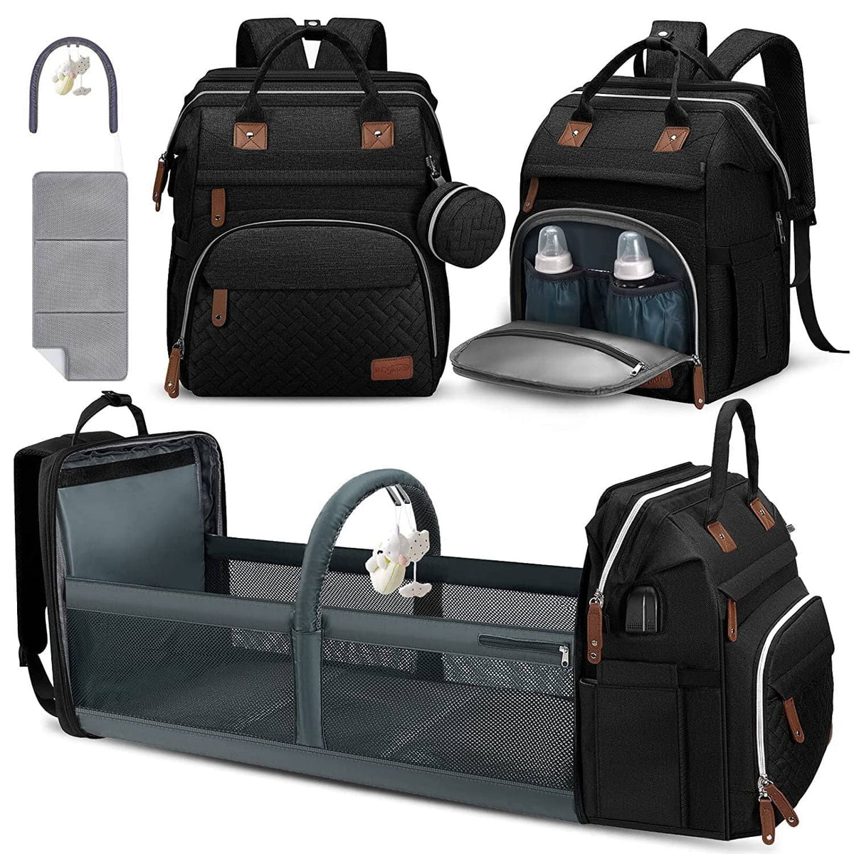 Black large diaper bag backpack with front pockets and two side handles