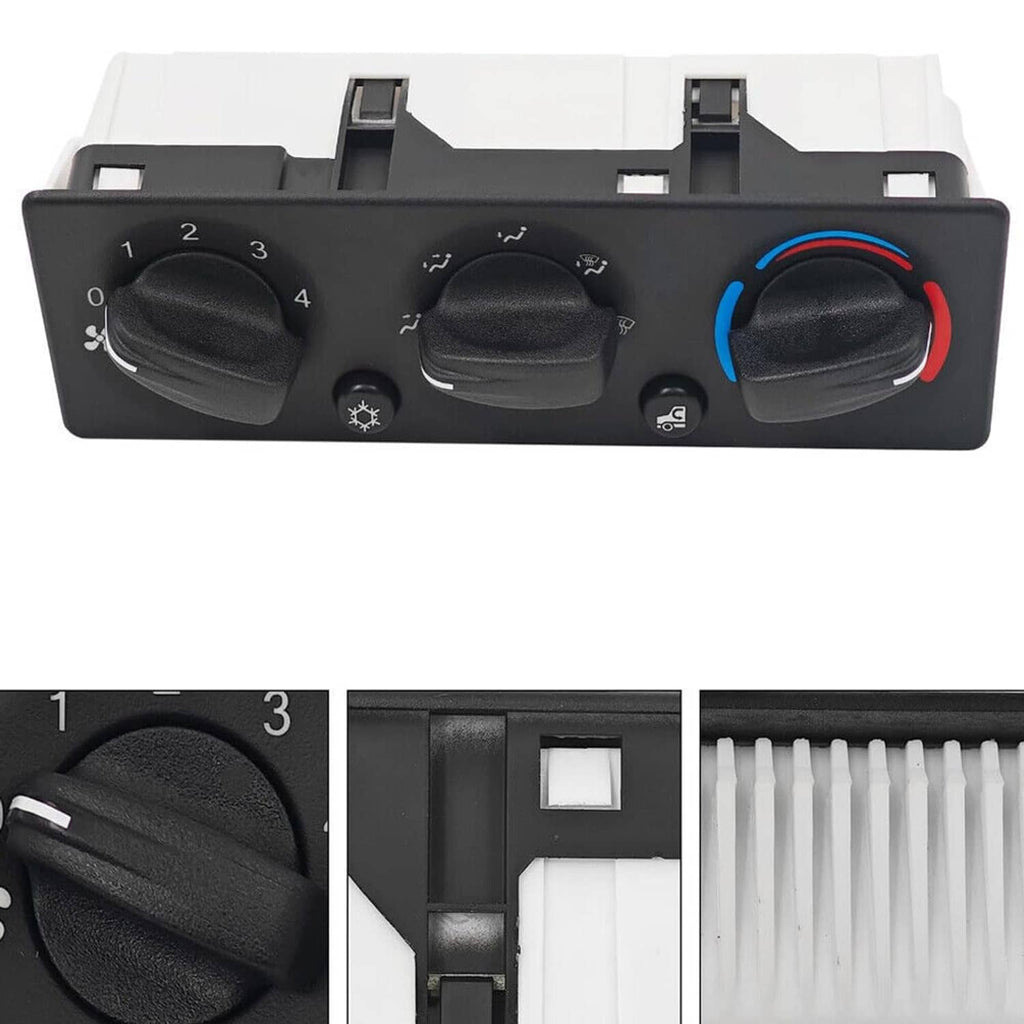 A/C climate control module panel front view with three knobs and blue/red temperature control