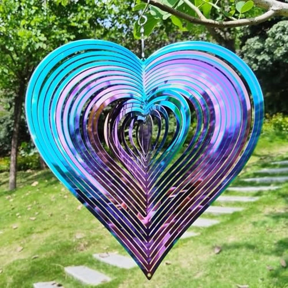 Heart yard wind chime spinner with blue top rings and rainbow spiral metal accents