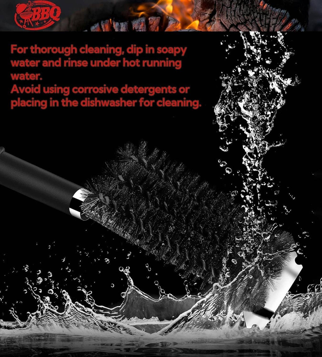 Wire grill brush head with water splash and runoff for quick rinsing