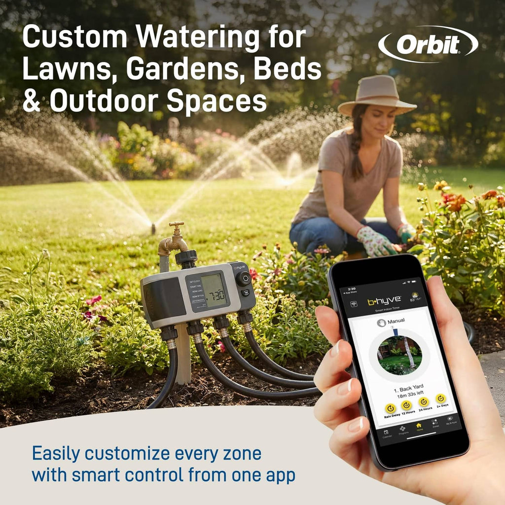 Gray 4-port smart hose timer connected to hoses with app control on a smartphone