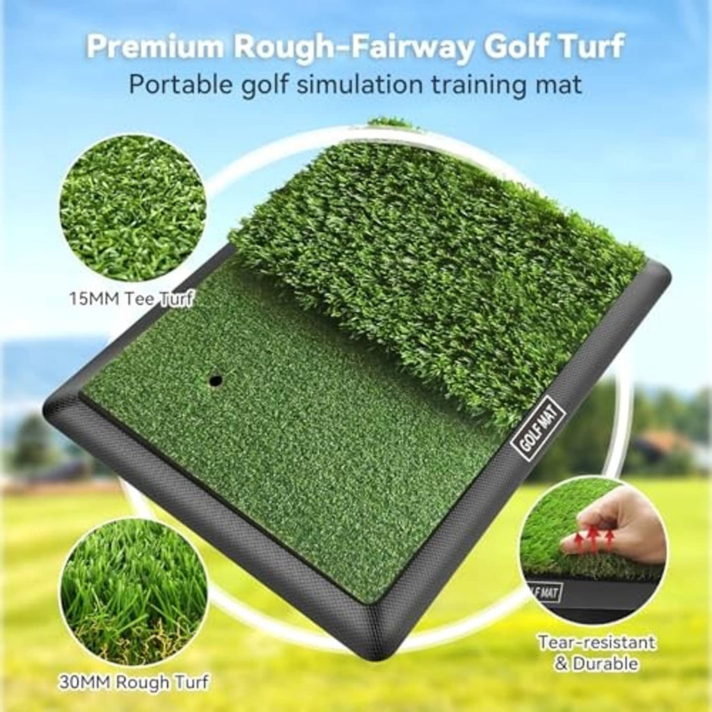 Portable golf turf practice mat with layered green surfaces and black non-slip border
