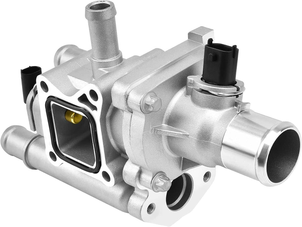 Thermostat housing assembly with square sensor opening and metal outlet pipe, silver.