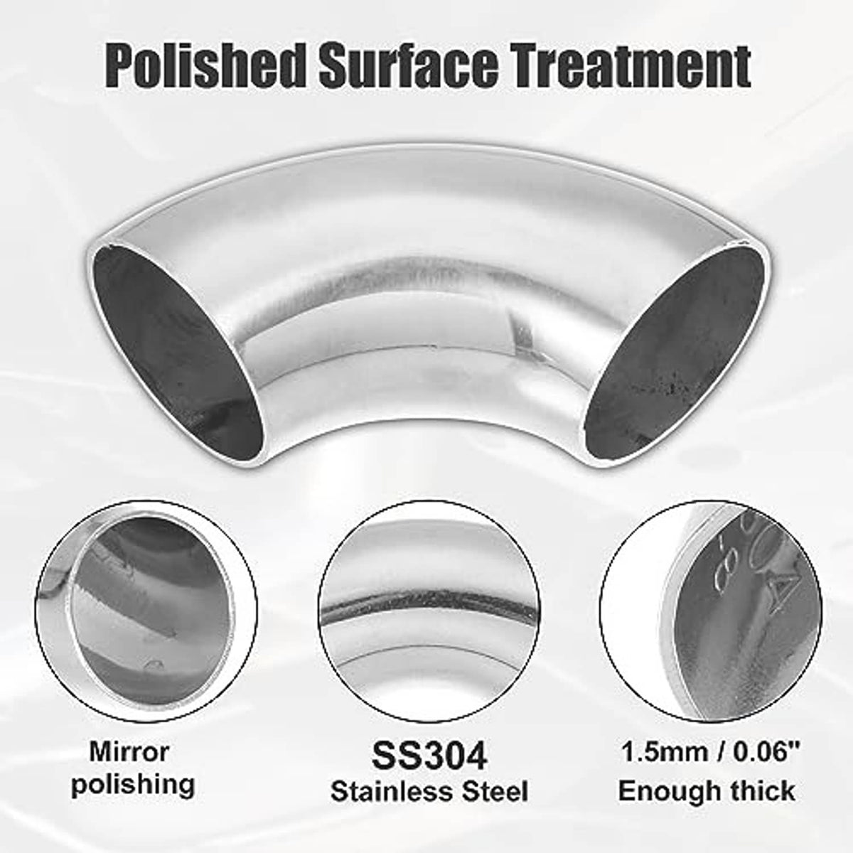Polished stainless steel 90-degree exhaust elbow with mirror-like surface